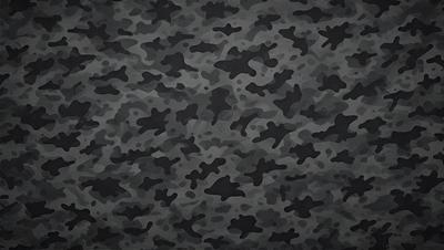 The primary subject of the image is a camouflage pattern, which is a black and white design. The setting is a black background, and the visual style is a pattern or texture. The dominant colors are black and white, and the overall atmosphere is a mix of modern and classic design elements.