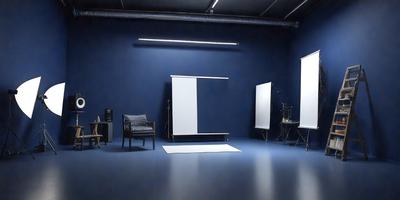 The primary subject of the image is a room with a blue wall, featuring a chair, a table, and a large white screen. The setting appears to be a studio or a room for photography or filming. The visual style of the image is a photo, capturing the details of the room and its elements. The dominant colors in the image are blue and white, creating a calm and professional atmosphere.