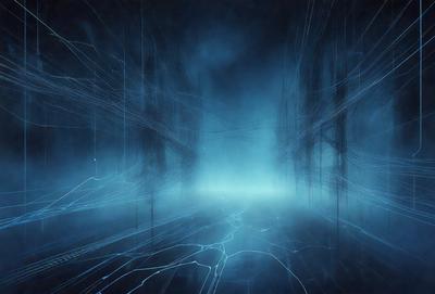 The primary subject of the image is a long, narrow hallway with a blue lighting effect. The setting is a dark, industrial environment, and the visual style appears to be a combination of digital art and illustration. The dominant colors are blue and black, creating a moody atmosphere.