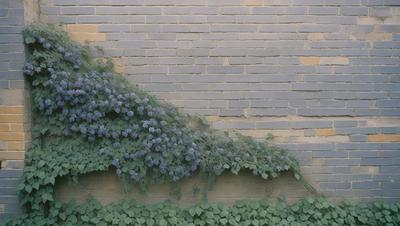 The primary subject of the image is a large, leafy plant with purple flowers growing on a brick wall. The plant is climbing up the wall, creating a striking visual effect. The setting is an outdoor environment, with the brick wall serving as the backdrop. The visual style of the image is a photo, capturing the beauty of the plant and its surroundings. The colors and mood of the image are predominantly purple, creating a serene and calming atmosphere.