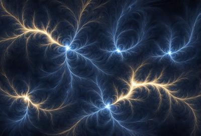 The primary subject of the image is a series of bright, blue, and yellow lightning bolts. These lightning bolts are arranged in a pattern, creating a visually striking scene. The setting is a dark background, which contrasts with the bright colors of the lightning bolts. The visual style of the image is a combination of digital art and illustration, giving it a unique and eye-catching appearance. The dominant colors in the image are blue, yellow, and orange, creating a lively and energetic atmosphere