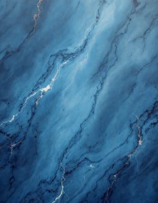 The primary subject of the image is a blue marble wall with a pattern of light and dark blue swirls. The setting is a room with a blue marble floor, and the visual style is a painting or drawing. The colors and mood of the image are predominantly blue, creating a calm and serene atmosphere.