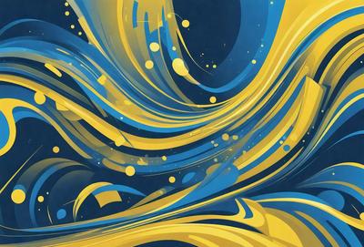 The primary subject of the image is a vibrant, colorful, and abstract painting featuring a blue and yellow color scheme. The setting is a wall, and the visual style is a digital art or illustration. The painting creates a lively and energetic atmosphere, with the blue and yellow colors evoking a sense of movement and dynamism.