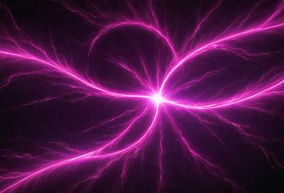 The primary subject of the image is a pink lightning bolt, which is the main object, scene, or focus of the image. The setting or background is a dark, purple-colored sky, which adds to the overall atmosphere. The visual style of the image is a combination of photo and digital art, creating a unique and eye-catching representation of the lightning bolt. The colors and mood of the image are predominantly pink and purple, giving it a vibrant and energetic