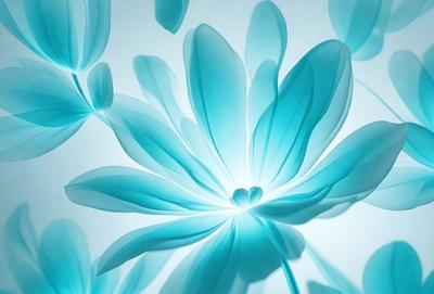 The primary subject of the image is a blue flower with a heart-shaped center. The setting is a white background, which creates a clean and minimalist visual style. The colors and mood of the image are predominantly blue, giving it a calm and serene atmosphere.