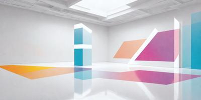 The primary subject of the image is a large blue and white cube, which is the main object in the scene. The setting is a white room with a white floor, creating a clean and minimalist atmosphere. The visual style of the image is a combination of photo and digital art, as it appears to be a photograph of a digital art piece. The dominant colors in the image are white and blue, which contribute to the overall mood of the scene.