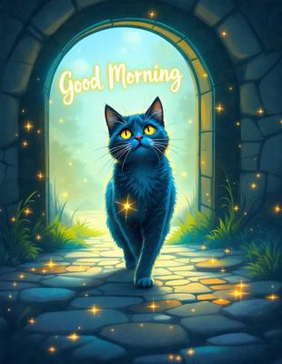 The primary subject of the image is a blue cat with yellow eyes, walking through a doorway. The setting is a forest, with the cat walking on a stone path. The visual style is a digital art illustration, creating a whimsical and magical atmosphere. The dominant colors are blue and yellow, with the blue cat and yellow eyes standing out against the green forest background.