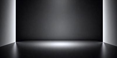 The primary subject of the image is a large, empty room with a black background. The setting is a dark, empty space, and the visual style is a black and white photo. The colors and mood of the image are predominantly dark and moody, creating a sense of emptiness and solitude.
