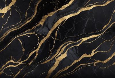The primary subject of the image is a marble wall with a gold pattern. The setting is a black and gold marble wall, which serves as the background. The visual style is a close-up of the marble wall, showcasing the intricate gold pattern. The colors and mood of the image are predominantly black and gold, creating a luxurious and elegant atmosphere.