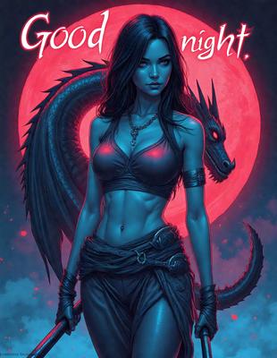 The primary subject of the image is a woman, who is the main focus of the scene. She is standing in front of a dragon, which serves as the setting or background of the image. The visual style of the image is digital art, as it is a well-drawn and detailed illustration. The colors and mood of the image are predominantly blue, giving it a cool and mysterious atmosphere.
