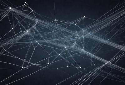 The primary subject of the image is a complex network of lines and shapes, which appears to be a digital art or illustration. The setting is a dark background, which contrasts with the intricate patterns and shapes. The visual style is a combination of digital art and illustration, creating a unique and captivating image. The colors and mood of the image are predominantly dark and moody, with the lines and shapes creating a sense of depth and complexity.