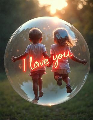 The primary subject of the image is a pair of children, a boy and a girl, who are standing next to each other and holding hands. They are positioned in the center of the image. The setting is a grassy area, with trees visible in the background. The visual style is a combination of a photo and digital art, creating a unique and artistic representation of the children. The colors and mood of the image are warm and inviting, with the children's hands and the grassy area creating a sense of connection and