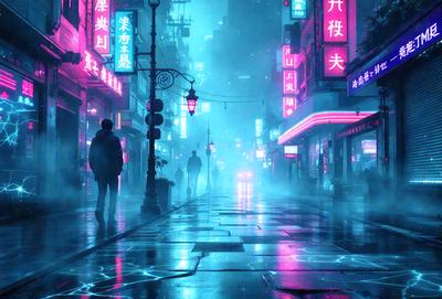The primary subject of the image is a man walking down a rain-soaked city street at night. The setting is a busy city with neon lights and signs, creating a vibrant and lively atmosphere. The visual style is a combination of photo and digital art, giving the scene a unique and artistic appearance. The dominant colors are pink, blue, and purple, which contribute to the overall mood of the image, evoking a sense of mystery and intrigue.