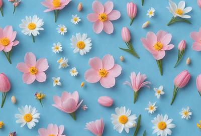 The primary subject of the image is a close-up of a pink flower with yellow petals. The setting is a blue background, which creates a contrasting and visually appealing effect. The visual style is a combination of photo and digital art, as the flower is depicted in a realistic manner while the background is digitally created. The colors and mood of the image are predominantly pink and yellow, giving it a warm and cheerful atmosphere.