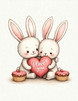 The image features two white bunnies sitting next to each other, with one of them holding a heart. They are surrounded by a few cupcakes, which are placed on the ground in front of them. The scene appears to be a whimsical and playful illustration, possibly for a children's book or a greeting card. The colors are predominantly white and pink, giving the image a warm and inviting atmosphere.