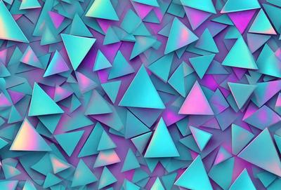 The primary subject of the image is a pattern of triangles, which are arranged in a visually appealing manner. The setting is a purple background, which adds a vibrant and lively atmosphere to the scene. The visual style of the image is a combination of digital art and illustration, creating a unique and eye-catching design. The dominant colors in the image are purple and blue, which contribute to the overall mood of the scene.