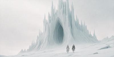 The primary subject of the image is a large, snow-covered mountain with a cave entrance. Two people are walking on the snowy surface in front of the mountain, with one person closer to the left side and the other person closer to the right side. The setting is a snowy landscape, and the visual style appears to be a combination of photo and digital art. The dominant colors are white and gray, creating a cold and snowy atmosphere.
