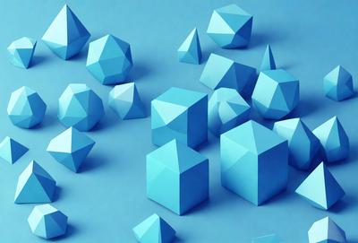 The primary subject of the image is a collection of blue geometric shapes, which are arranged in various positions and orientations. The setting is a blue background, which provides a contrasting and visually appealing environment for the shapes. The visual style of the image is a combination of digital art and illustration, as the shapes are carefully crafted and placed to create a cohesive and harmonious composition. The dominant colors in the image are blue, which gives the scene a calm and soothing atmosphere.