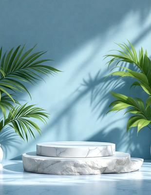 The primary subject of the image is a white marble table with two large green palm trees on either side of it. The setting is a blue wall, which serves as the background for the scene. The visual style is a photo, capturing the natural beauty of the palm trees and the white marble table. The colors and mood of the image are predominantly blue and green, creating a serene and calming atmosphere.
