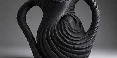 The primary subject of the image is a black sculpture, possibly a vase or a piece of art, with a curved and twisted design. The setting is a white background, which provides a clean and minimalist contrast to the sculpture. The visual style appears to be a combination of digital art and illustration, as the sculpture's design is intricate and detailed. The colors and mood of the image are predominantly black, giving it a modern and contemporary feel.