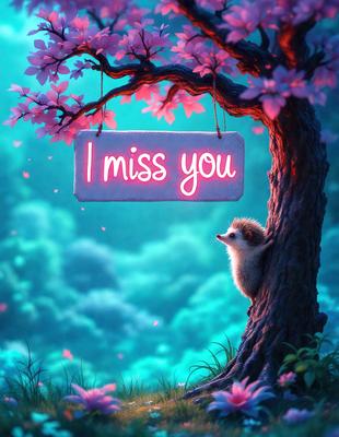 The primary subject of the image is a cute little hedgehog sitting in a tree. The setting is a lush, colorful forest with a pink and blue color scheme. The visual style is a digital art or illustration, creating a whimsical and charming atmosphere.