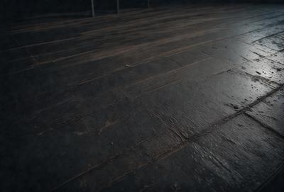 The primary subject of the image is a wooden floor with a dark color. The setting is a room with a wooden floor, and the visual style is a photo. The colors and mood of the image are dark and moody, creating a sense of mystery or drama.