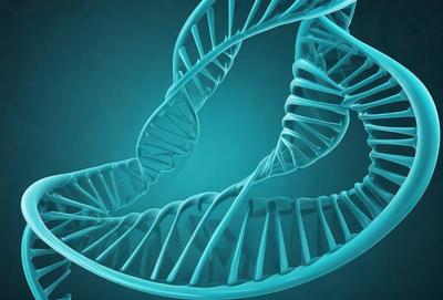 The primary subject of the image is a blue DNA double helix. The setting is a blue background, which creates a contrasting and visually appealing effect. The visual style is a digital art or illustration, as the DNA is depicted in a stylized and detailed manner. The dominant colors are blue and white, giving the image a clean and modern appearance.