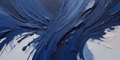 The primary subject of the image is a painting of a blue wave. The setting is a canvas, and the visual style is a painting. The dominant colors are blue and black, creating a mood of calmness and depth.