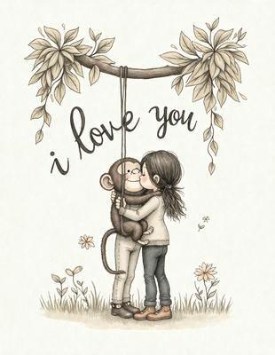 The image features a woman and a monkey, both dressed in white, standing close to each other. The woman is kissing the monkey on the cheek, creating a heartwarming and playful scene. The setting appears to be a field with flowers, adding a touch of nature to the scene. The visual style is a combination of digital art and illustration, creating a whimsical and charming atmosphere. The colors are predominantly white and pastel shades, giving the image a soft and gentle feel.