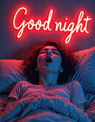 The primary subject of the image is a woman lying in bed, with her mouth open. The setting is a bedroom, and the visual style is a photo. The woman is the main focus of the image, and the dominant colors are red and blue, creating a bold and vibrant atmosphere.