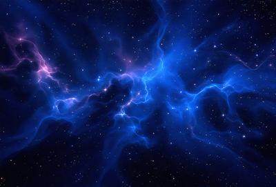 The primary subject of the image is a blue nebula, which is a cloud of gas and dust in space. The setting is a dark, starry sky, with the nebula as the main focus. The visual style is a combination of a photo and digital art, creating a unique and captivating representation of the celestial scene. The dominant colors are blue and purple, giving the image a serene and ethereal atmosphere.