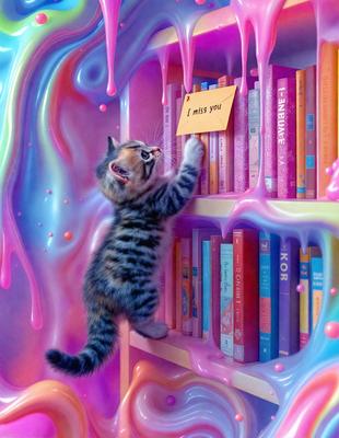 The primary subject of the image is a small kitten standing on a bookshelf. The setting is a bookshelf filled with various books, creating a cozy and intellectual atmosphere. The visual style of the image is a combination of photo and digital art, giving it a unique and creative appearance. The dominant colors in the image are pink and purple, which add a playful and whimsical touch to the scene.