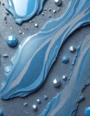 The primary subject of the image is a blue, swirling, and flowing substance, which appears to be a mix of paint and water. The setting is a gray surface, possibly a table or a wall, where the blue substance is spread out. The visual style of the image is a combination of painting and digital art, creating a unique and captivating appearance. The dominant colors in the image are blue and gray, giving the scene a calming and serene atmosphere.