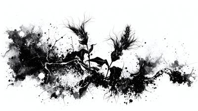 The primary subject of the image is a close-up of a plant with long, thin leaves. The plant is surrounded by a black and white background, giving the image a vintage or artistic feel. The visual style appears to be a combination of a photo and a drawing, with the plant's details captured in a realistic manner while the background is depicted in a more artistic manner. The colors in the image are predominantly black and white, creating a mood of simplicity and elegance.
