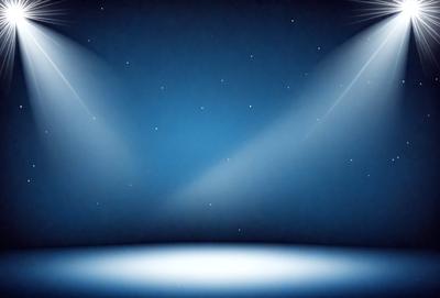 The primary subject of the image is a blue background with a spotlight shining on it. The setting is a stage, and the visual style is digital art. The dominant colors are blue and white, creating a calm and serene atmosphere.