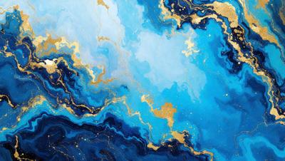 The primary subject of the image is a blue and gold painting of a sky. The setting is a blue background, and the visual style appears to be a digital art or illustration. The dominant colors are blue and gold, creating a serene and calming atmosphere.