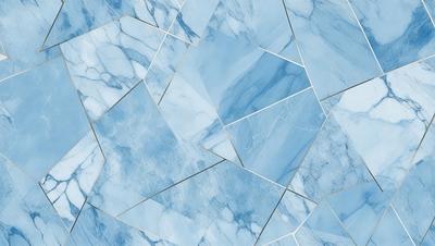 The primary subject of the image is a blue marble wall with a pattern of triangles. The setting is a room with a blue marble floor. The visual style is a close-up of the marble wall, showcasing the intricate pattern of the triangles. The colors and mood of the image are predominantly blue, creating a calm and serene atmosphere.