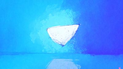 The primary subject of the image is a white bowl, which is the main object in the scene. The bowl is floating in the air, giving the impression of being in mid-air. The setting is a blue background, which adds to the overall atmosphere of the image. The visual style is a combination of digital art and illustration, creating a unique and artistic representation of the white bowl.