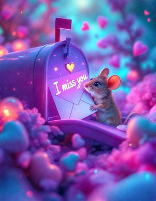 The primary subject of the image is a small mouse sitting on a purple bench. The mouse is holding a heart-shaped note, which reads "I miss you." The setting is a pink and purple environment, with a heart-shaped mailbox nearby. The visual style is a digital art illustration, creating a warm and affectionate atmosphere.