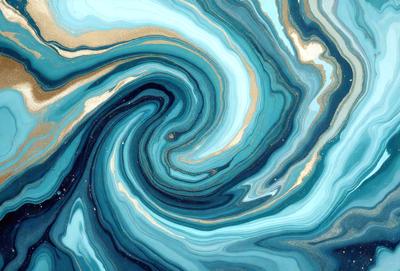 The primary subject of the image is a swirling, blue and gold pattern. The setting is a blue and gold background, which creates a visually striking contrast with the swirling pattern. The visual style appears to be a combination of digital art and illustration, as the swirling pattern is intricately detailed and the colors are vibrant and rich. The overall atmosphere of the image is lively and dynamic, with the swirling pattern capturing the viewer's attention and evoking a sense of movement and