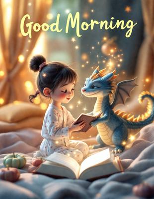 The primary subject of the image is a little girl sitting on a bed, reading a book. The setting is a cozy bedroom, with a bed visible in the background. The visual style is a digital art illustration, creating a warm and inviting atmosphere. The colors are predominantly warm and soft, with the girl's pajamas and the book's pages being the main focus.