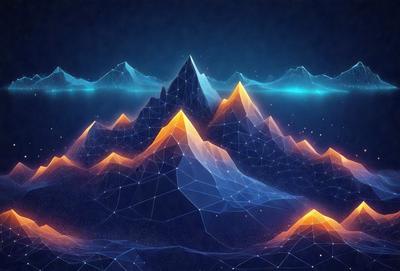 The primary subject of the image is a mountain range, which is depicted in a digital art style. The setting is a dark blue sky, and the visual style is a combination of digital art and illustration. The colors and mood of the image are predominantly blue and dark, creating a sense of depth and mystery.
