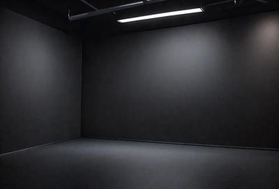 The image is a black and white photo of a large, empty room with a dark gray wall. The room appears to be a large, open space with no furniture or decorations. The black and white color scheme gives the room a moody and dramatic atmosphere.
