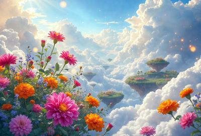 Primary subject: A beautiful flower garden with a variety of flowers, including pink and yellow flowers, and a few purple flowers.

Setting/background: The flower garden is set against a backdrop of a cloudy sky, creating a serene and peaceful atmosphere.

Visual style: The image is a digital artwork, featuring a vibrant and colorful scene.

Colors and mood: The dominant colors in the image are pink, yellow, and purple, which evoke feelings of warm