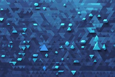 The primary subject of the image is a blue wall with a pattern of triangles. The setting is a room with a blue background, and the visual style appears to be a digital art or illustration. The dominant colors are blue and white, creating a calm and soothing atmosphere.