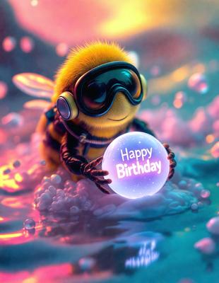 The primary subject of the image is a cute, colorful bee wearing goggles and a wetsuit, holding a birthday ball. The setting is a vibrant, colorful underwater environment, with the bee surrounded by bubbles and a pink background. The visual style is a digital art illustration, creating a fun and playful atmosphere. The colors and mood are predominantly pink and blue, reflecting the joyful and celebratory nature of the birthday scene.