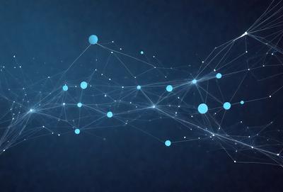 The primary subject of the image is a blue and white pattern, which appears to be a digital art or illustration. The setting is a dark blue background, creating a contrasting effect with the pattern. The visual style suggests that the image is a creative and artistic representation of a complex network or structure. The colors and mood of the image are predominantly blue and white, giving it a calm and sophisticated appearance.