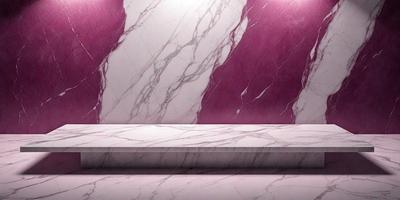 The primary subject of the image is a white marble bench. The setting is a pink marble wall, which serves as the background. The visual style is a photo, capturing the bench and the wall in a realistic manner. The colors and mood of the image are predominantly pink and white, creating a warm and elegant atmosphere.