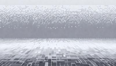 The primary subject of the image is a large, white, and gray wall with a pattern of squares. The setting is a room with a gray floor, and the visual style appears to be a combination of digital art and illustration. The dominant colors are white and gray, creating a clean and modern atmosphere.