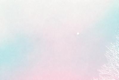 The primary subject of the image is a moon in the sky. The setting is a cloudy sky, and the visual style is a watercolor painting. The colors and mood of the image are predominantly pink and blue, creating a serene and dreamy atmosphere.